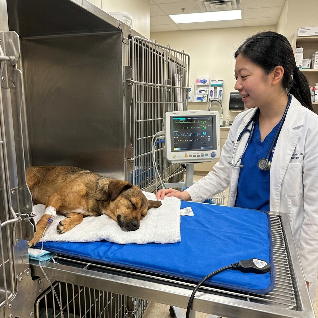 A small dog resting on a warming blanket in a veterinary recovery area with a technician monitoring vital signs on a bedside monitor, real photo style