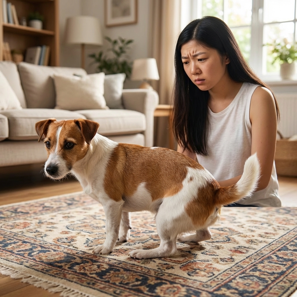 A small dog scooting on a living room rug while an owner looks concerned
