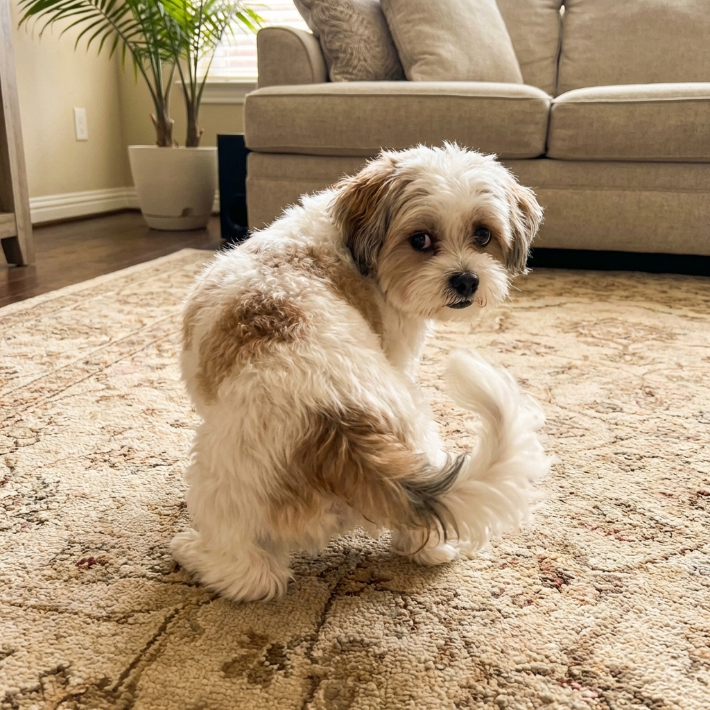 A small dog scooting on a living room rug while looking back toward its hind end