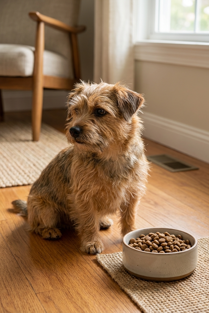 A small dog sitting beside a bowl of dry kibble, looking away with a mildly disinterested expression, indoor home setting, photorealistic