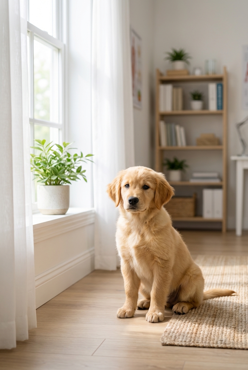 A small dog sitting calmly near an open window with soft daylight and a clean indoor environment