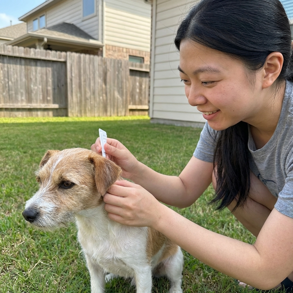 A small dog sitting calmly while a person applies a topical flea treatment to the back of its neck
