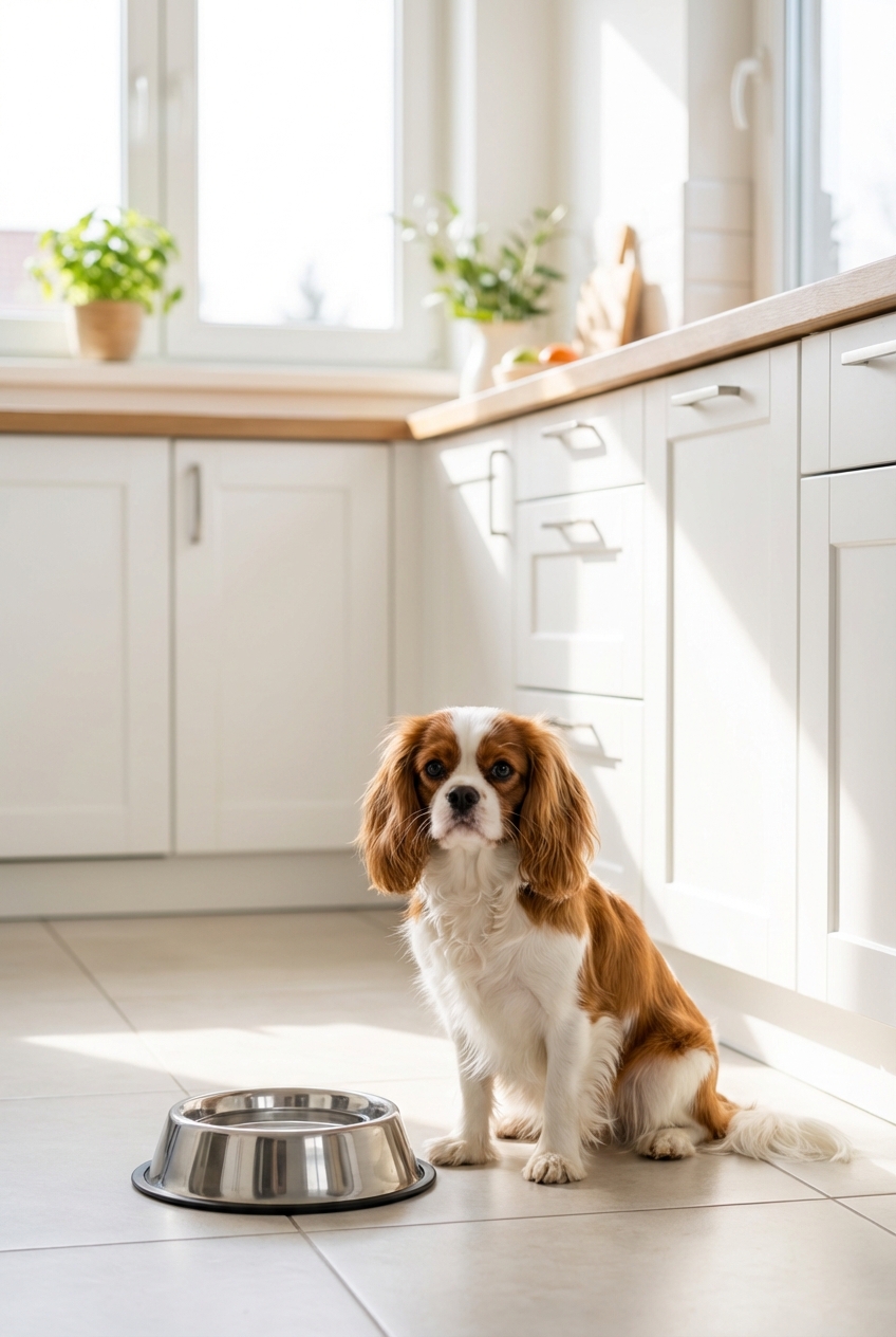 A small dog sitting next to a stainless steel water bowl in a bright kitchen
