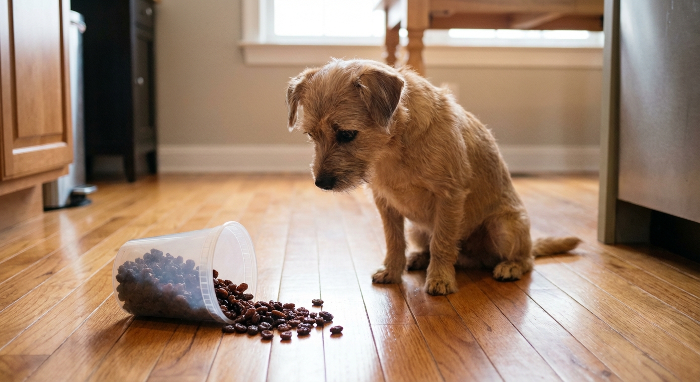 A small dog sitting next to a tipped-over container with a few raisins on a hardwood floor