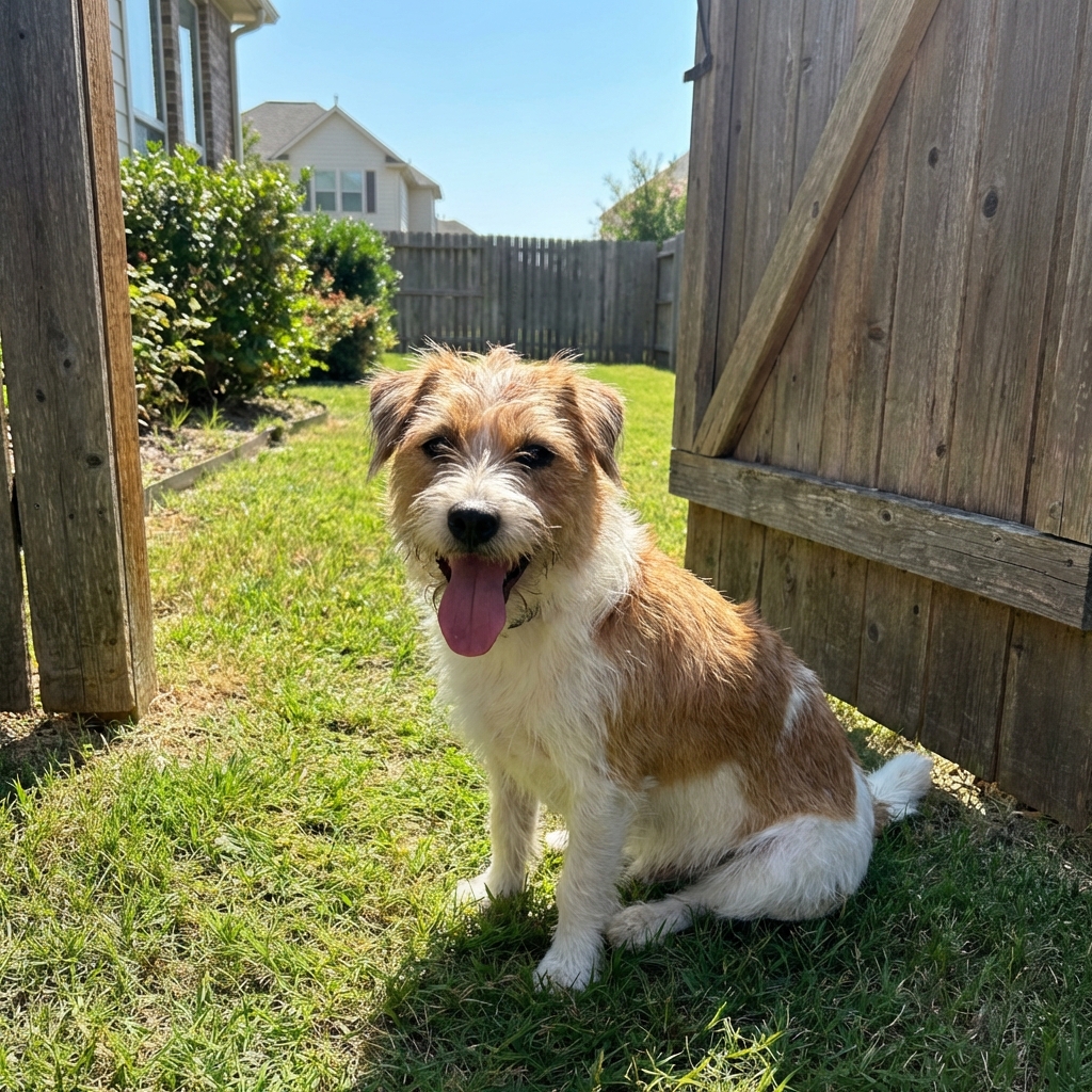 A small dog sitting next to an open backyard gate on a hot sunny day, panting with its tongue out