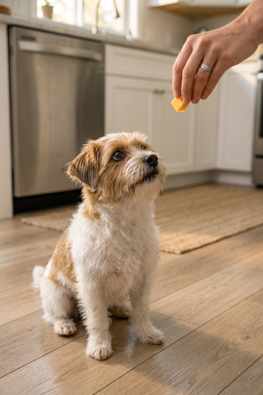 A small dog sitting on a kitchen floor looking up at a hand holding a tiny cube of cheese