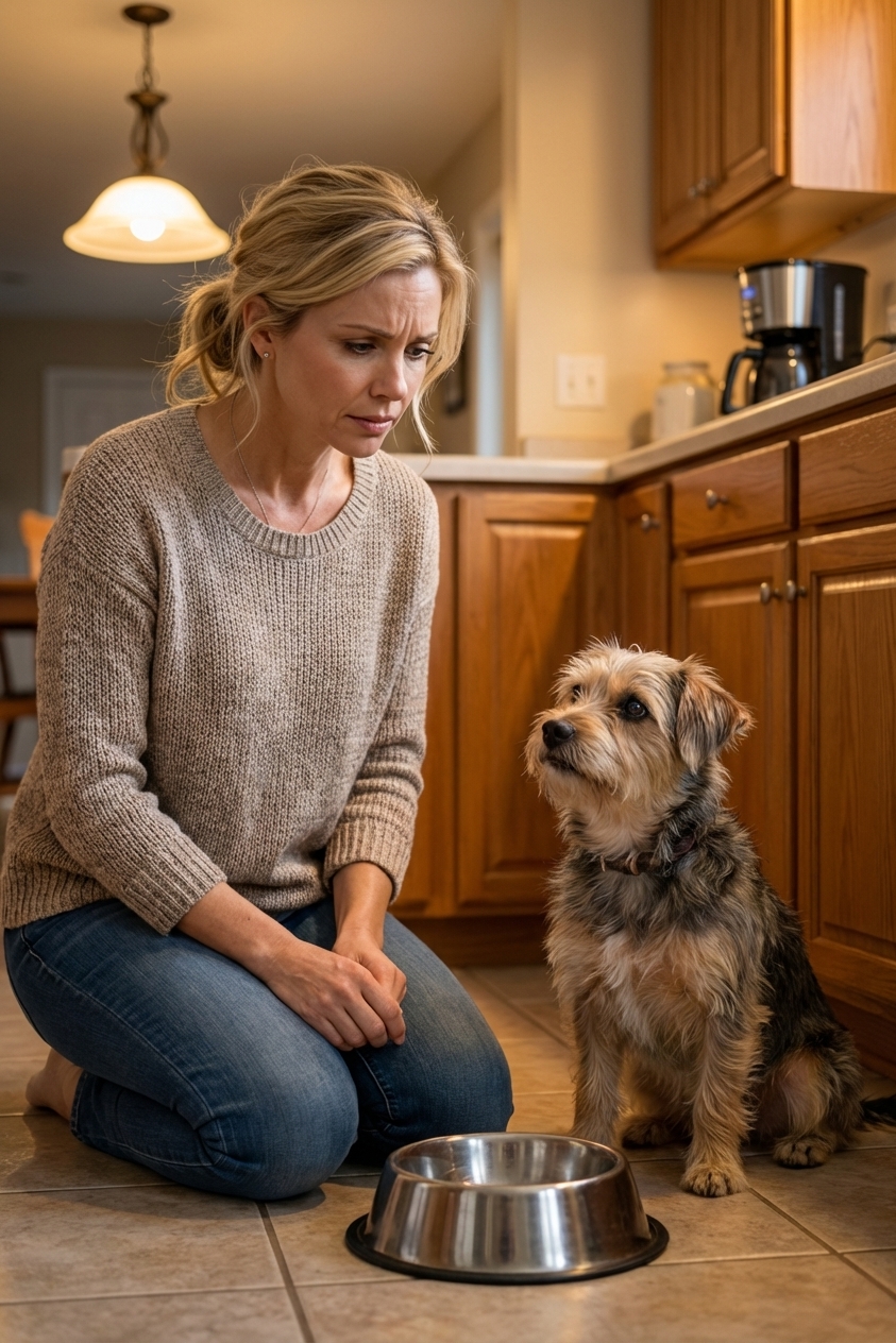 A small dog sitting on a kitchen floor next to a stainless steel bowl while an owner kneels nearby with a concerned expression, warm indoor lighting, realistic photography