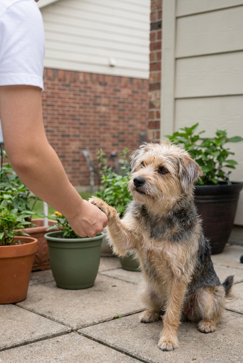 A small dog sitting while reaching one paw toward a person’s closed hand holding a treat