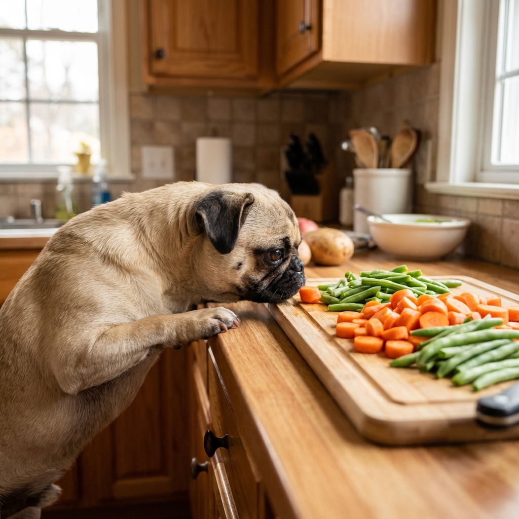 A small dog sniffing a cutting board with chopped carrots and green beans in a home kitchen