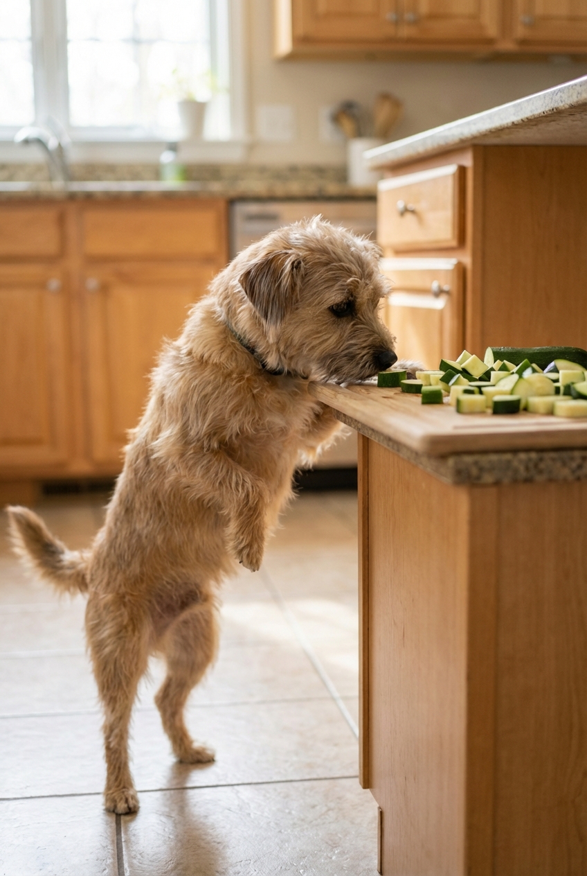 A small dog sniffing a cutting board with chopped zucchini and cucumber in a home kitchen