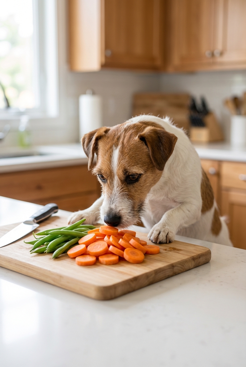 A small dog sniffing a cutting board with sliced carrots and green beans in a home kitchen