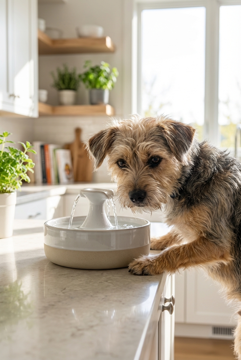 A small dog sniffing and drinking from a countertop pet water fountain in a bright kitchen
