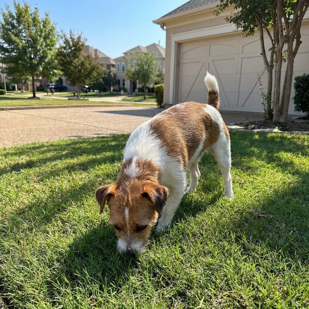 A small dog sniffing at a patch of grass in a suburban yard during daylight