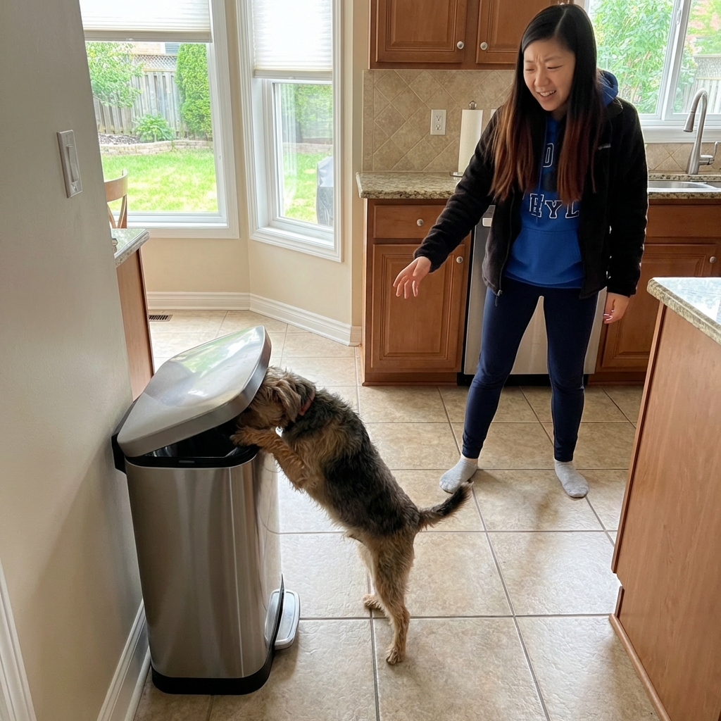 A small dog sniffing at an open kitchen trash can while an owner stands nearby ready to intervene