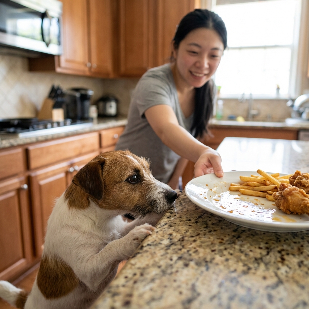 A small dog sniffing near a kitchen counter while an owner moves a plate of greasy food out of reach