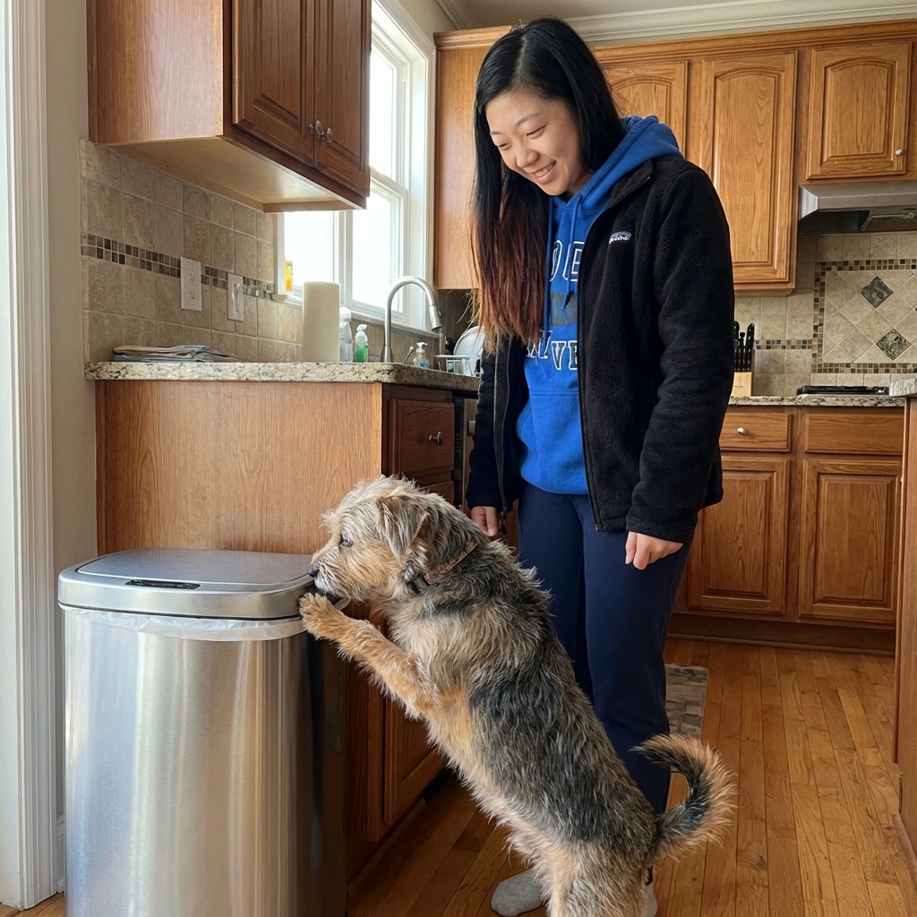 A small dog sniffing near a kitchen trash can while a person stands nearby