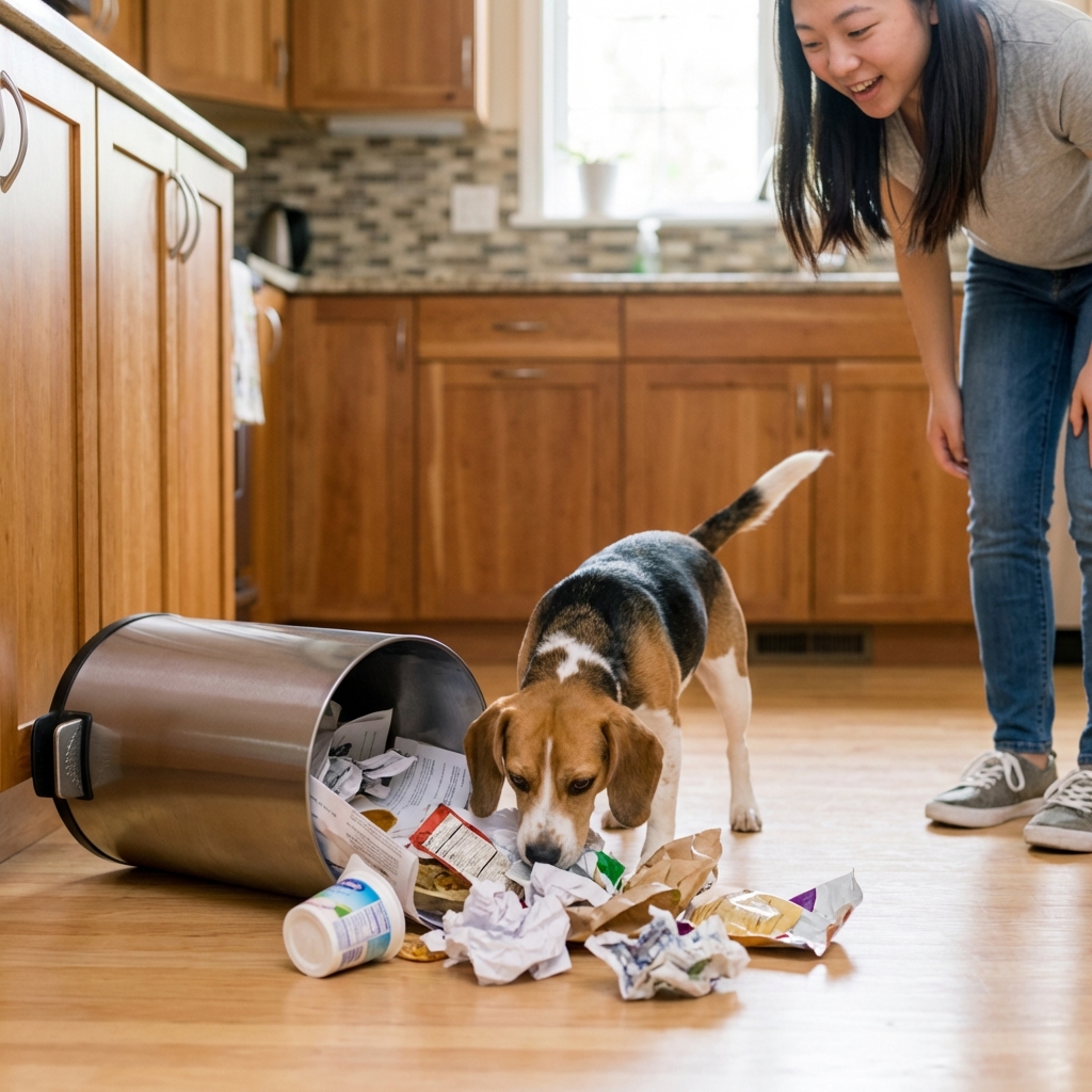 A small dog sniffing near a tipped-over-trash-can in a home
