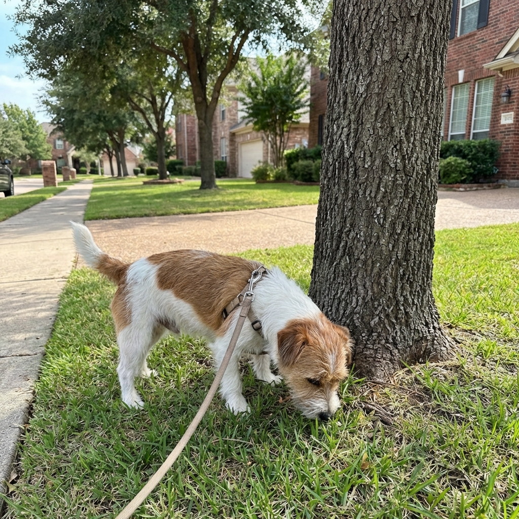 A small dog sniffing near a tree while on a leash during a quiet neighborhood walk