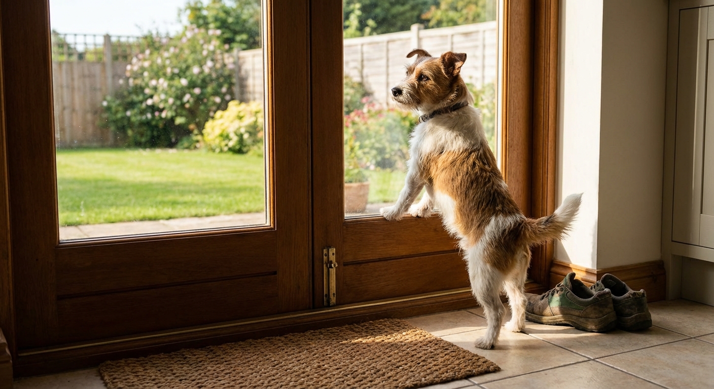 A small dog standing by a back door looking outside as if asking to go out
