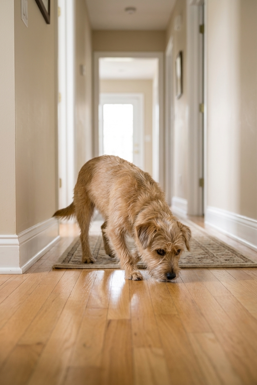 A small dog standing in a hallway and cautiously stepping forward with its nose close to the floor