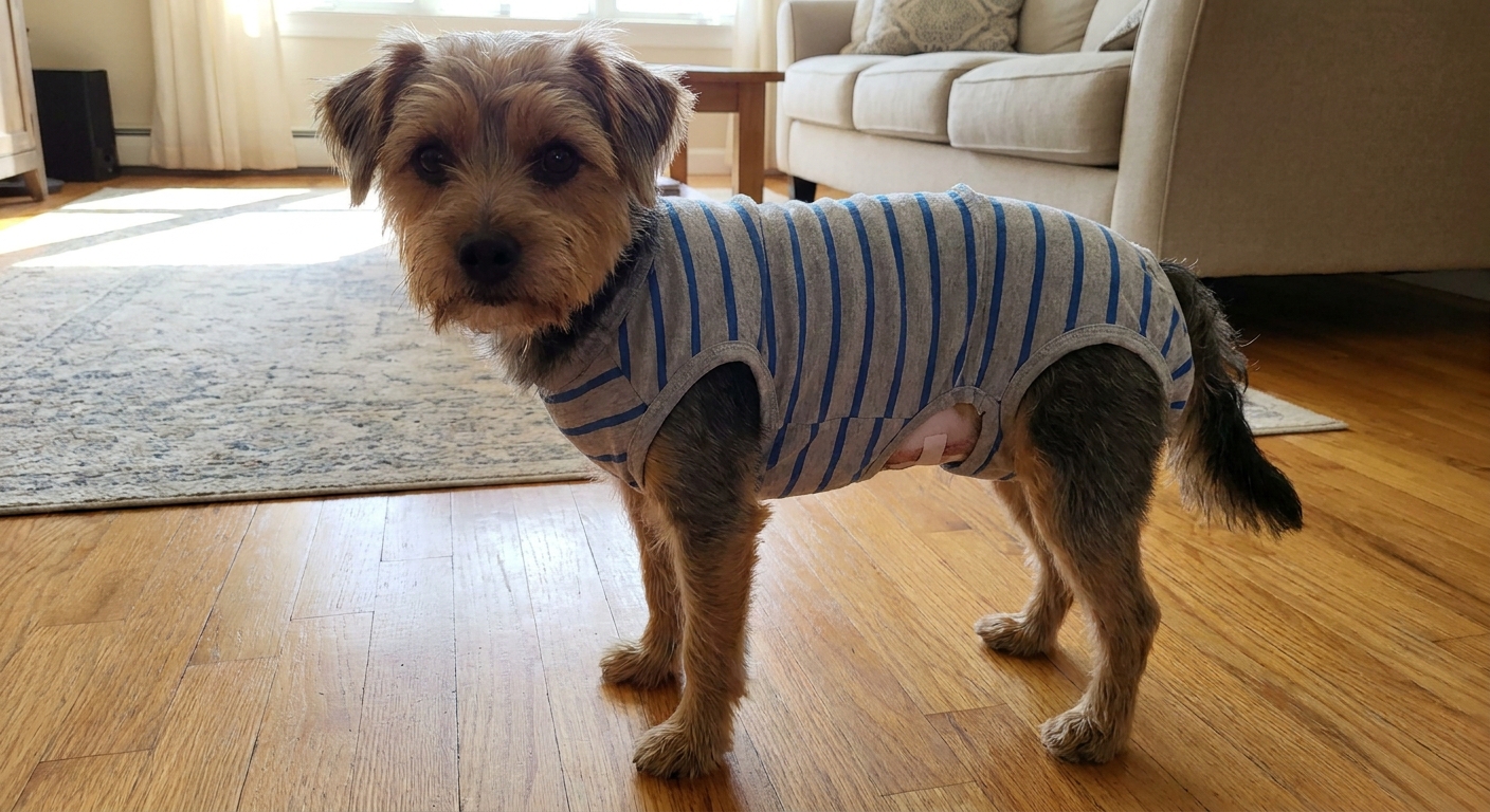 A small dog standing indoors wearing a post-surgery recovery suit or onesie that covers the abdomen to protect a spay incision