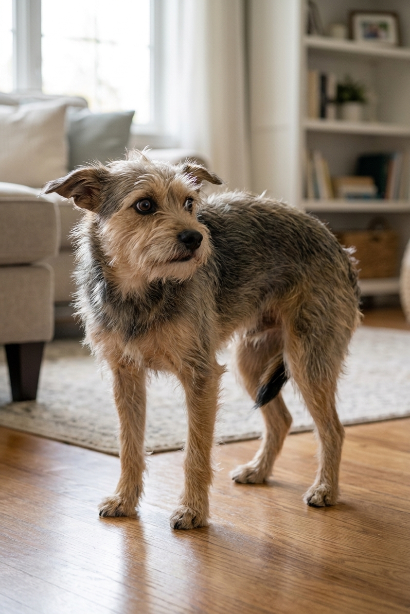 A small dog standing indoors with its tail tucked and a tense posture, looking uncomfortable, real photography style