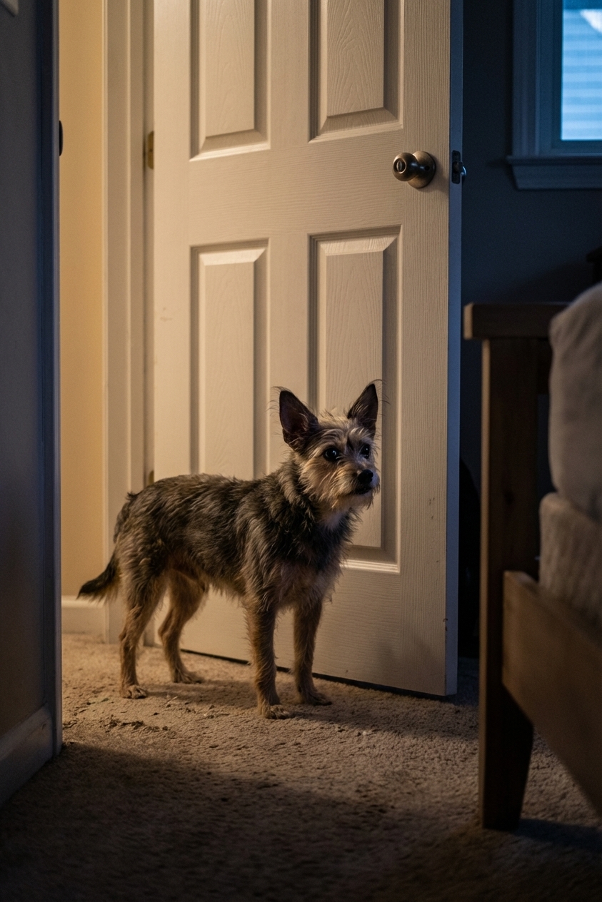 A small dog standing near a bedroom door at night with an alert, worried expression, realistic photography style