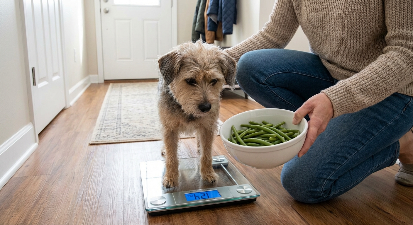 A small dog standing on a bathroom scale in a home hallway while an owner holds a bowl of plain cooked green beans