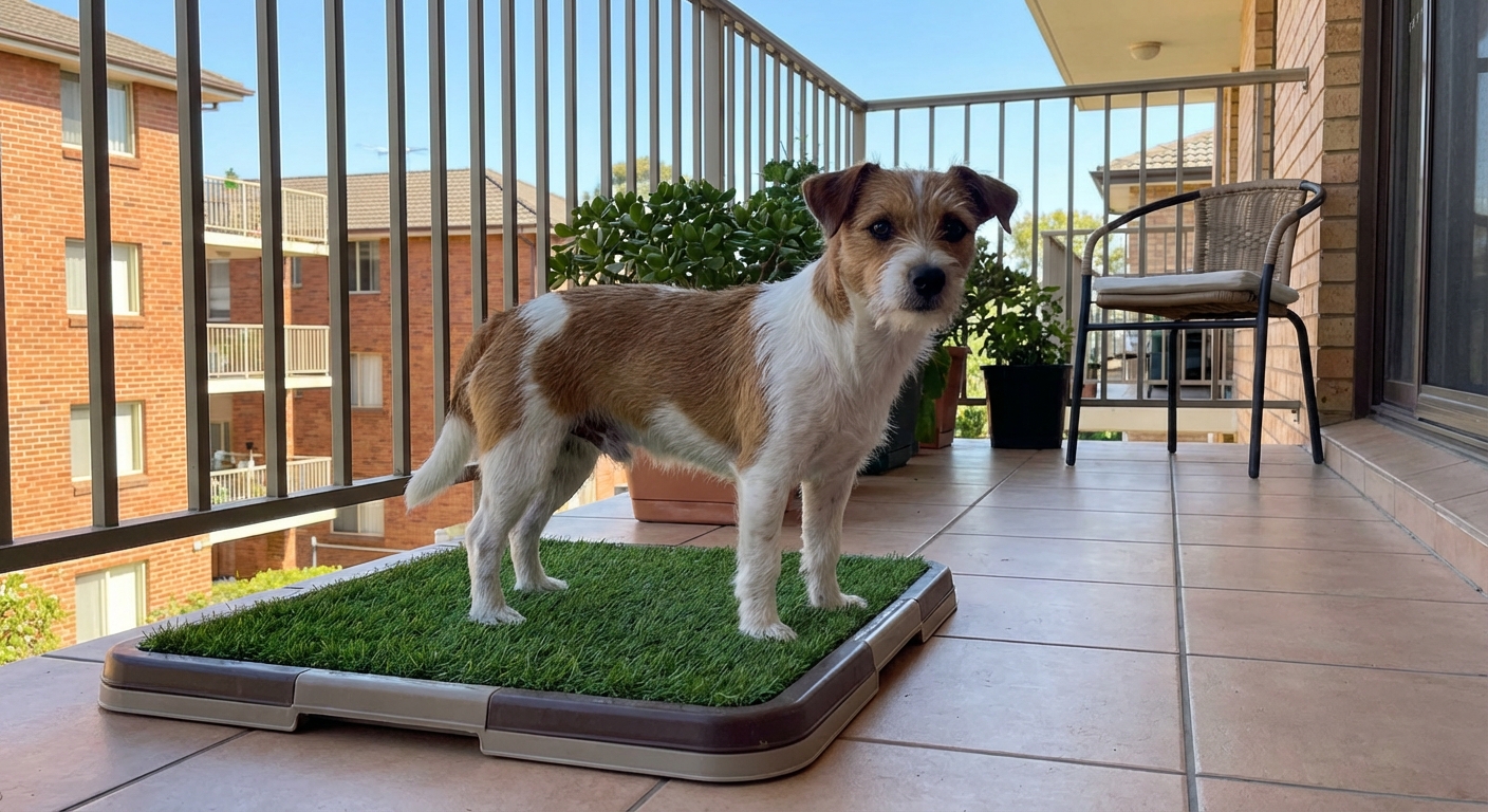 A small dog standing on a grass patch potty tray on an apartment balcony