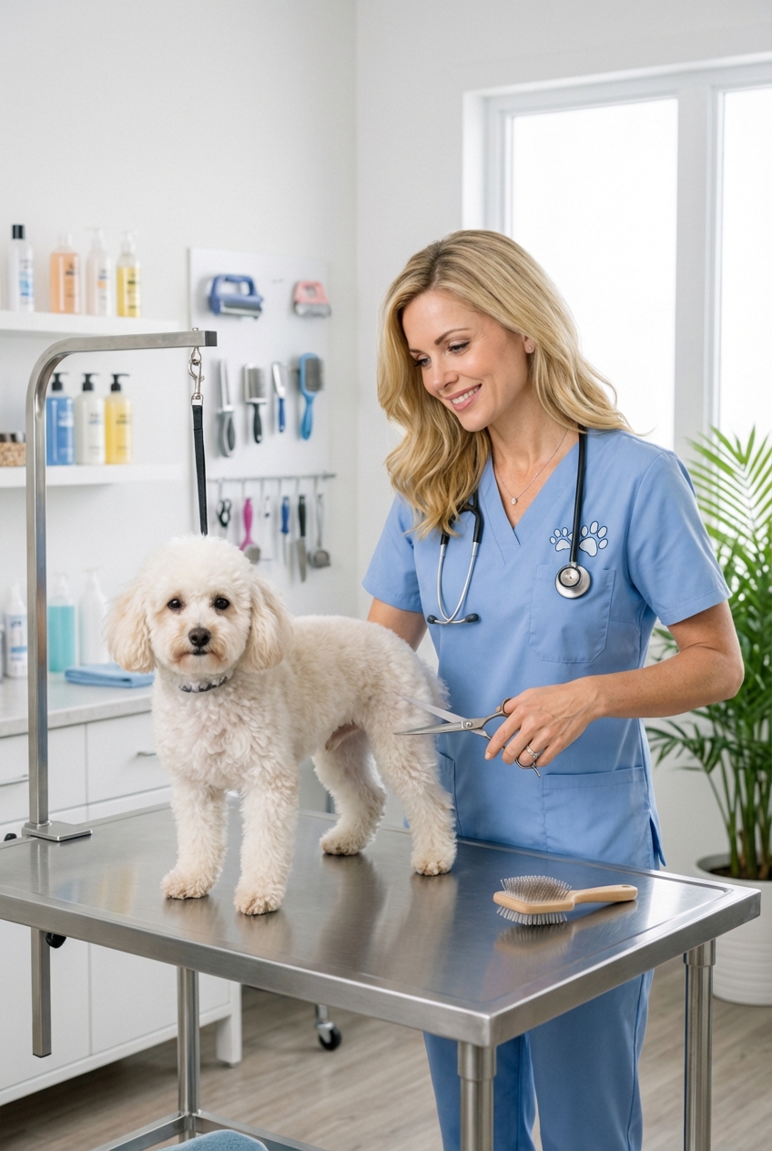 A small dog standing on a grooming table while a groomer gently trims the fur around the hindquarters