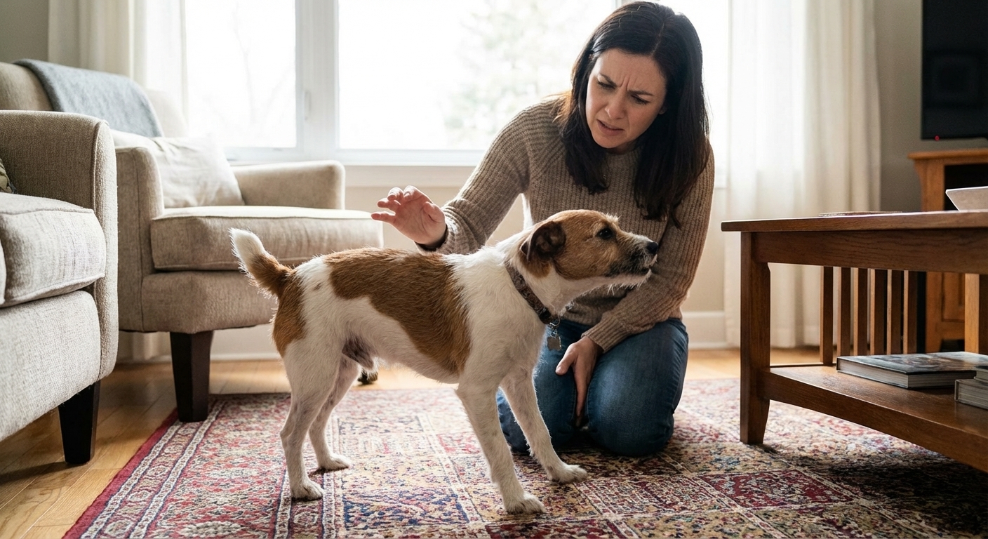 A small dog standing on a living room rug with its neck extended and elbows slightly out, appearing to have a reverse sneezing episode while a concerned owner kneels nearby, natural indoor light, realistic photo