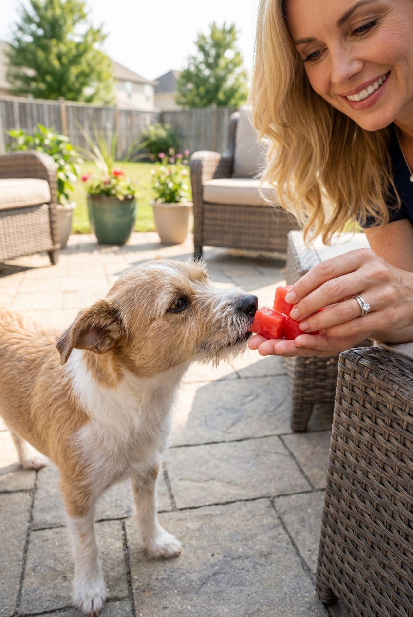 A small dog standing on a patio sniffing a hand holding a few cubes of seedless watermelon