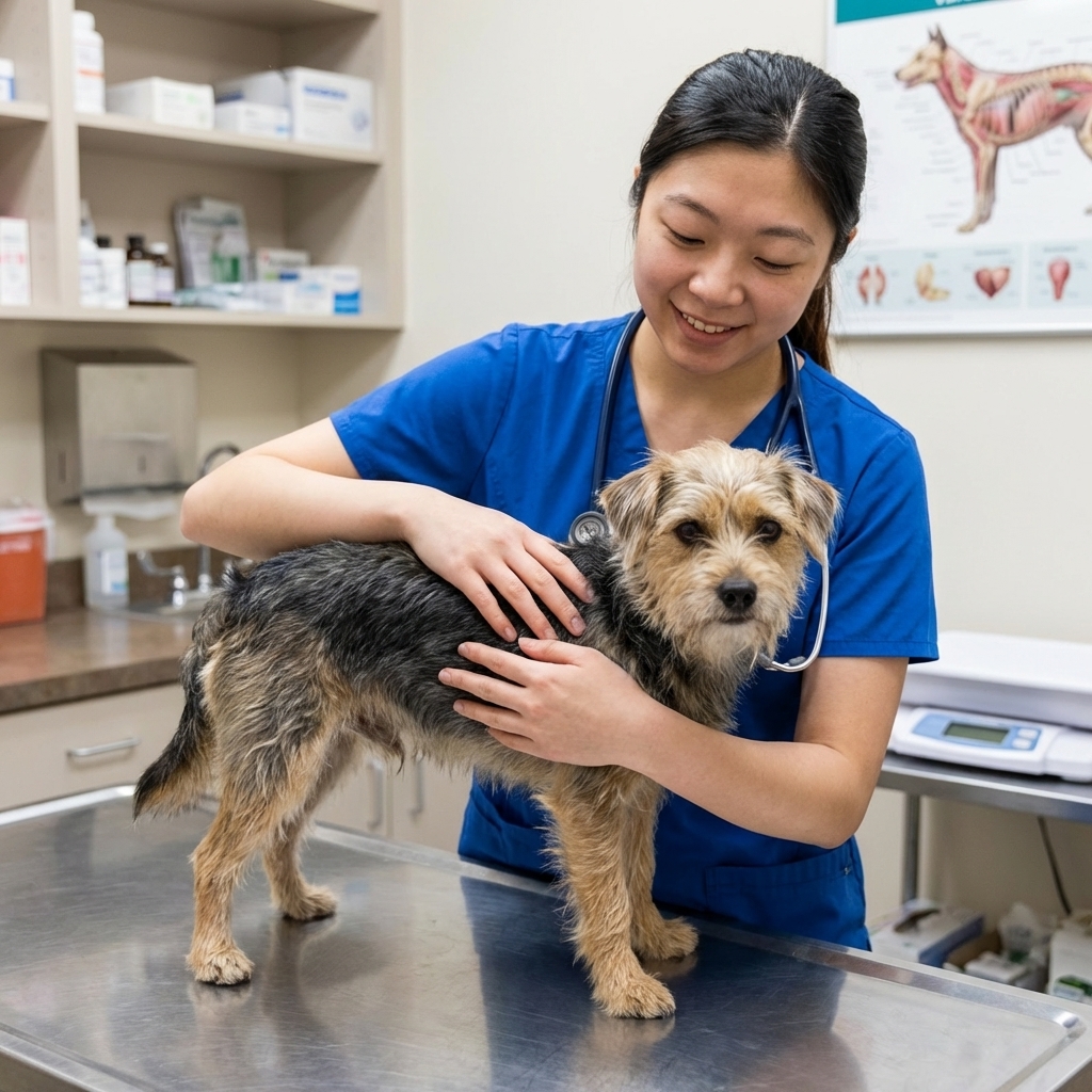 A small dog standing on a stainless steel exam table in a veterinary clinic while a veterinary professional gently holds the dog steady, realistic clinical photography
