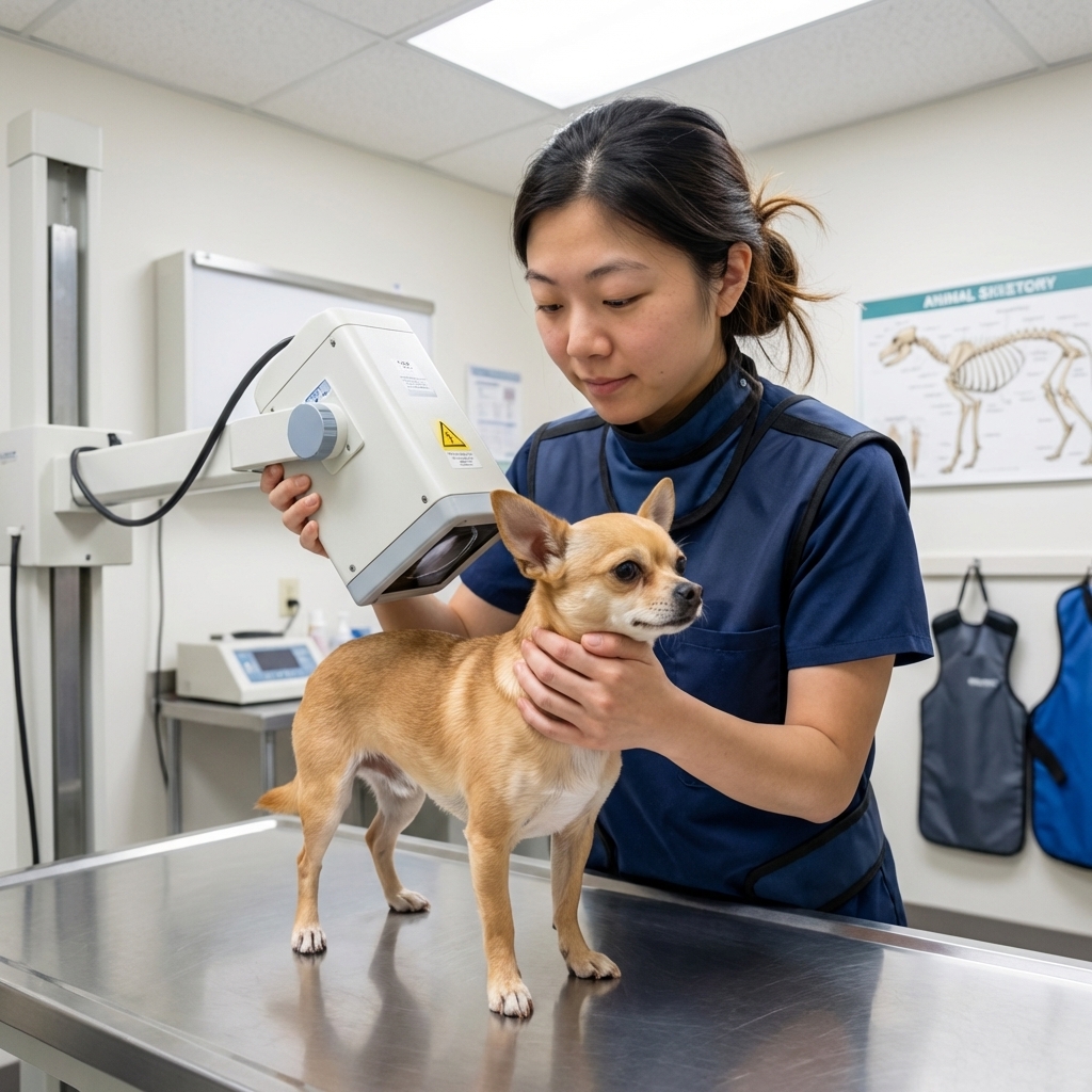 A small dog standing on an exam table while a veterinary technician positions it gently for neck radiographs