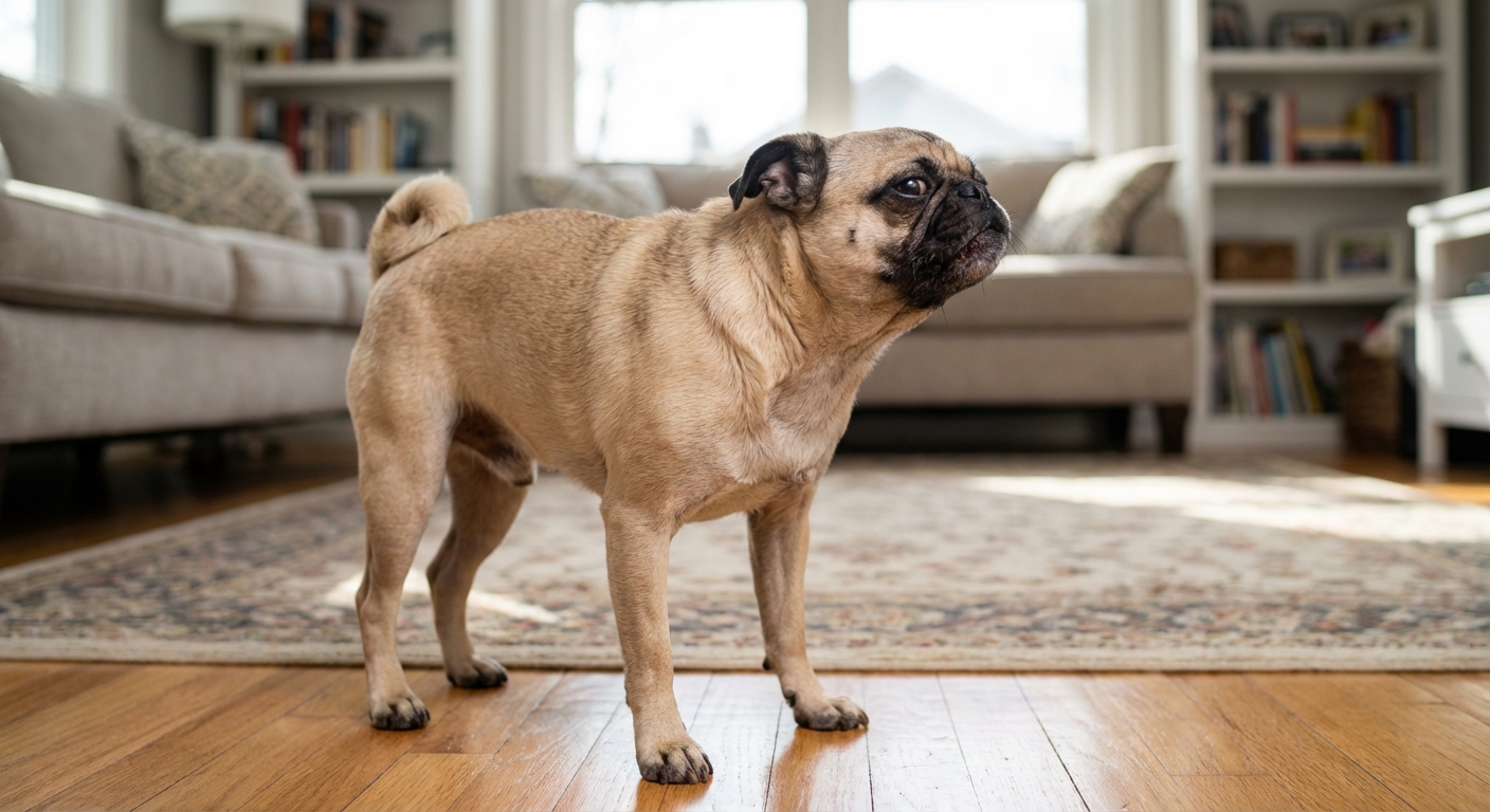 A small dog standing still indoors with its neck slightly extended as if reverse sneezing