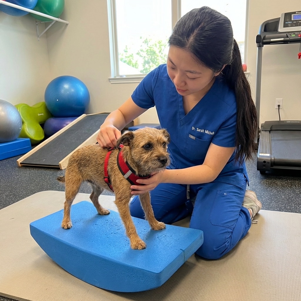 A small dog standing with front paws on a foam balance pad while a rehab technician supports the dog with a harness in a veterinary rehabilitation room, realistic photograph