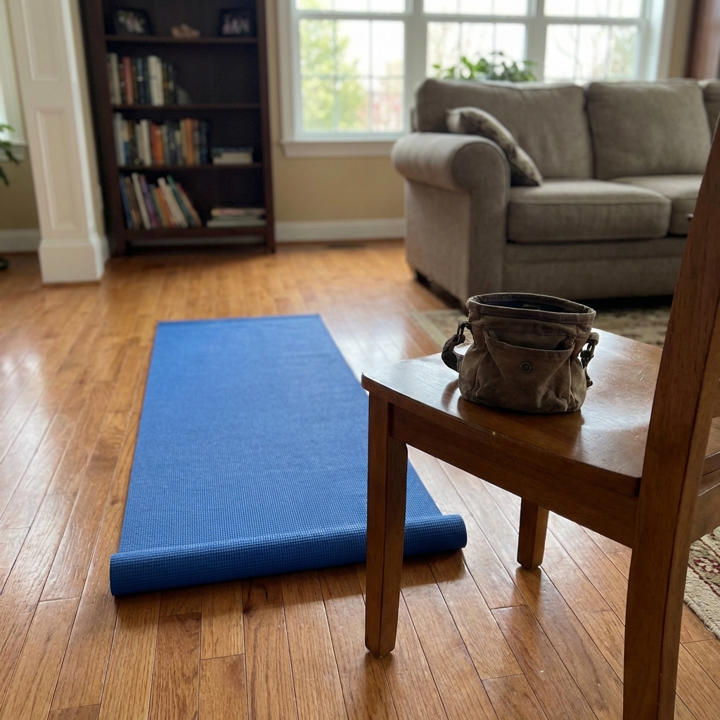 A small dog training area with a yoga mat on the floor and a treat pouch resting on a chair