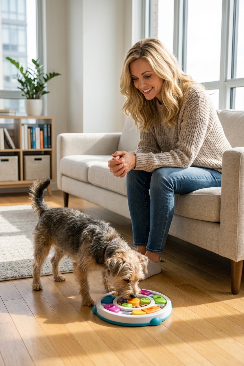 A small dog using a puzzle feeder toy on a clean apartment floor while the owner watches nearby, photorealistic indoor lifestyle photography