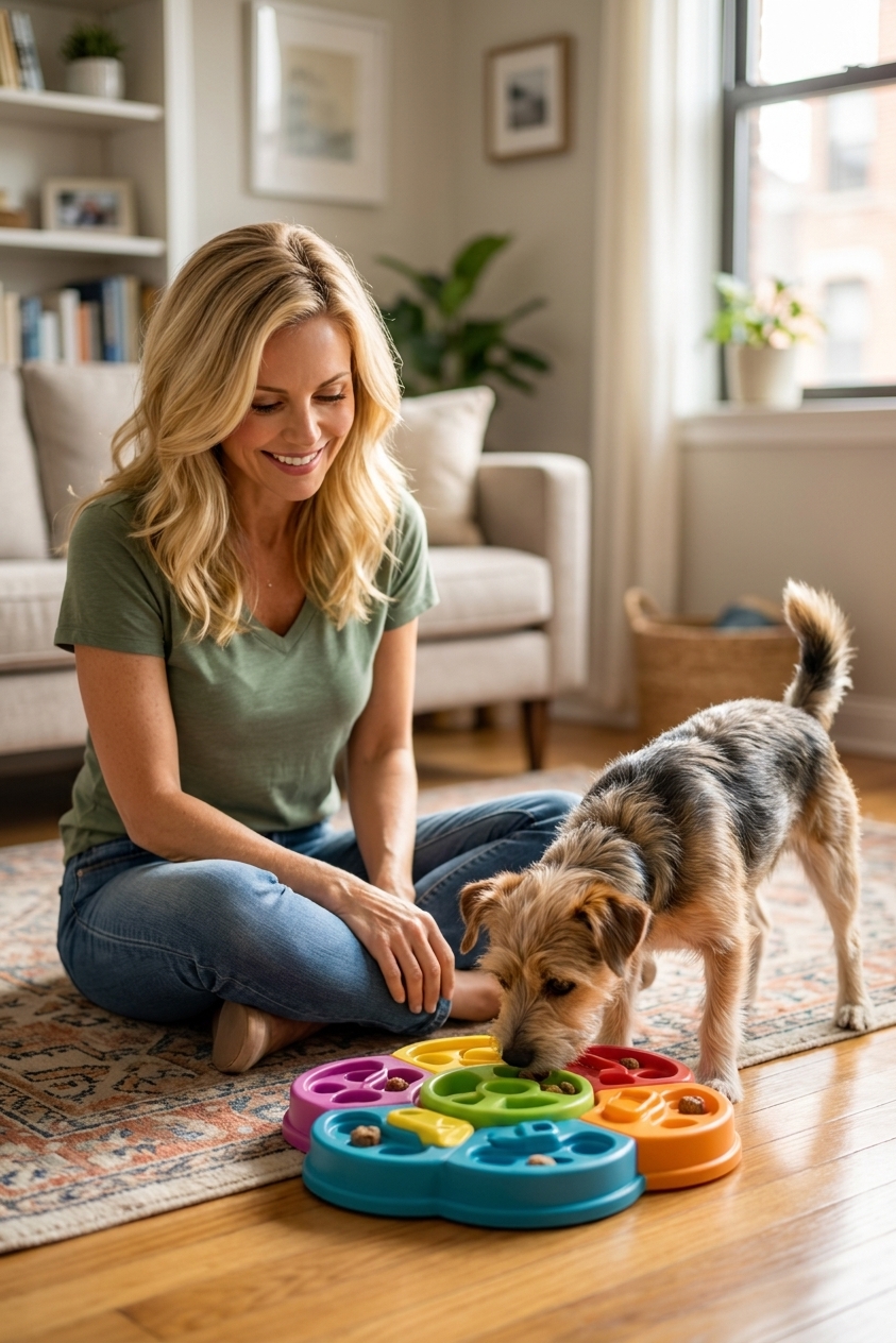 A small dog using a puzzle feeder toy on a living room floor in an apartment, real photography style
