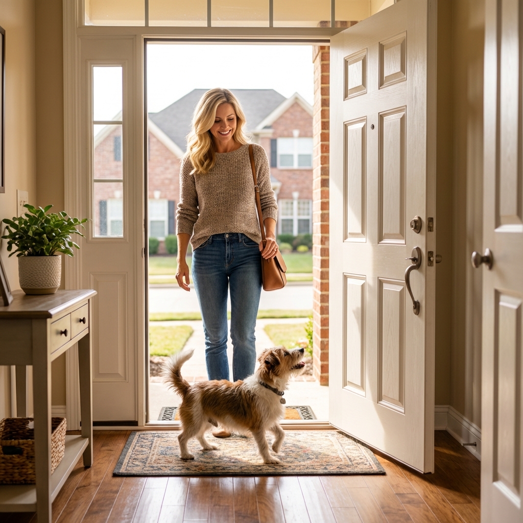 A small dog wagging while a visitor enters a home with the door open