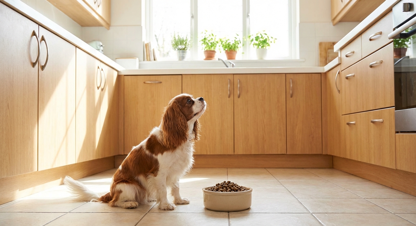 A small dog waiting politely beside a filled food bowl in a bright kitchen