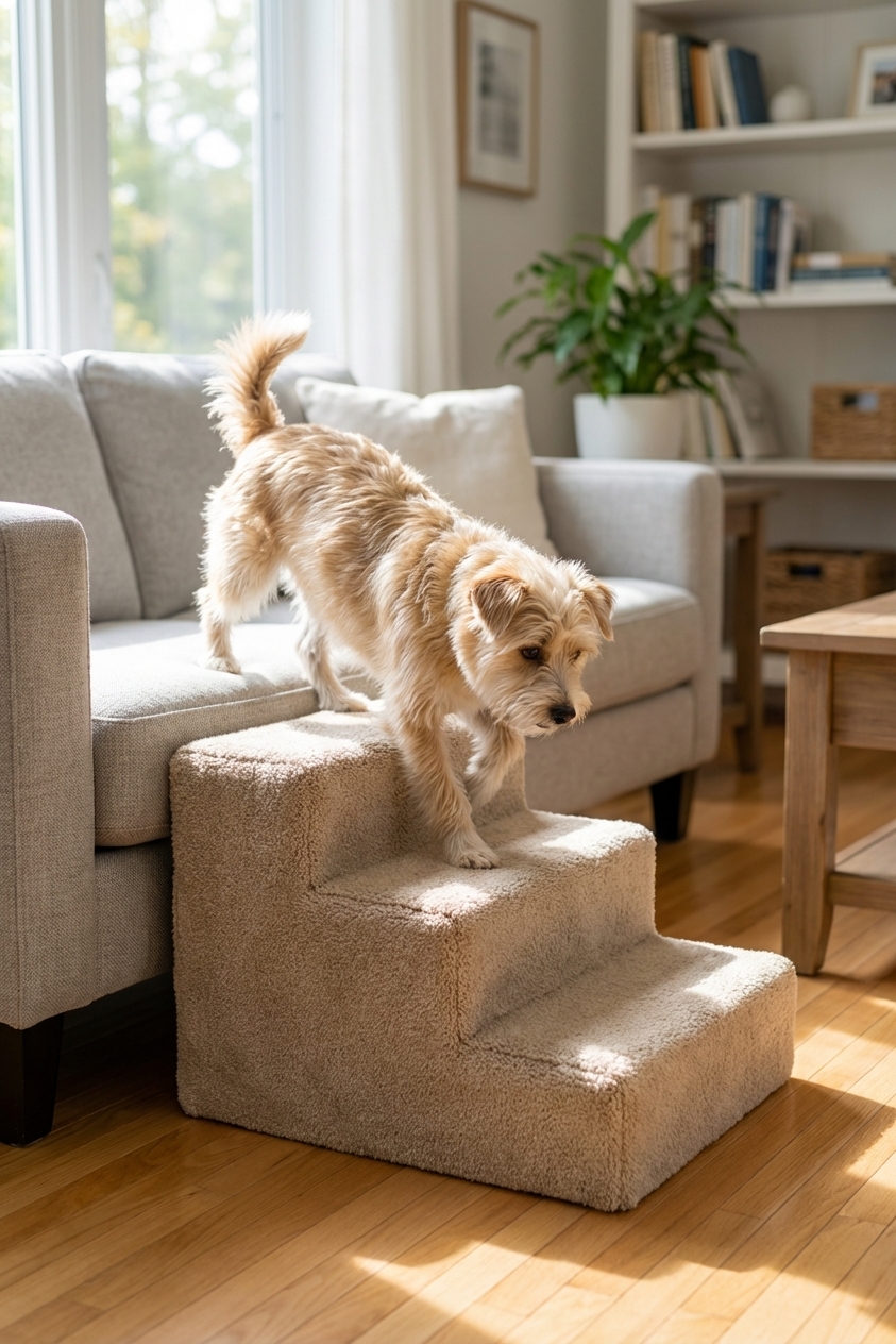 A small dog walking down carpeted pet stairs next to a couch in a bright living room, realistic home photography