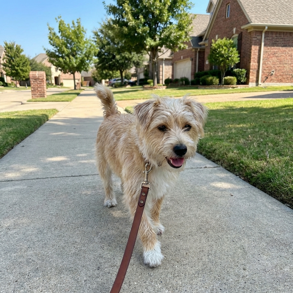 A small dog walking on a leash along a neighborhood sidewalk in daylight