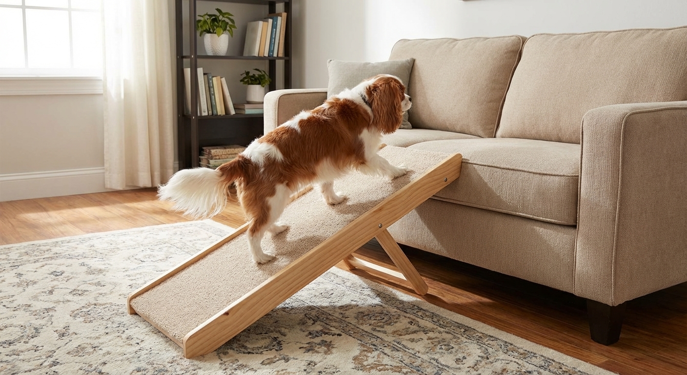 A small dog walking up a pet ramp to a couch in a tidy living room, realistic home setting, photorealistic pet lifestyle photography