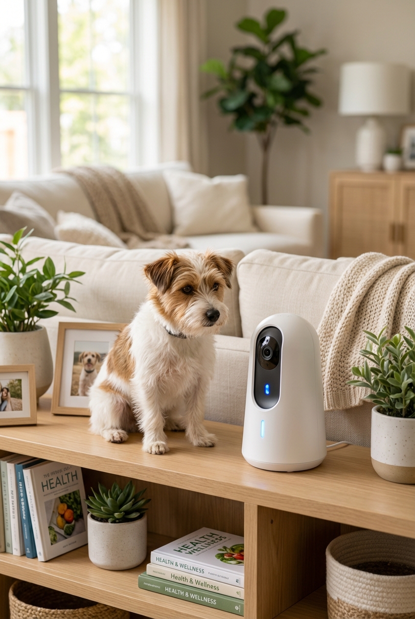 A small dog watching a pet camera on a shelf in a living room
