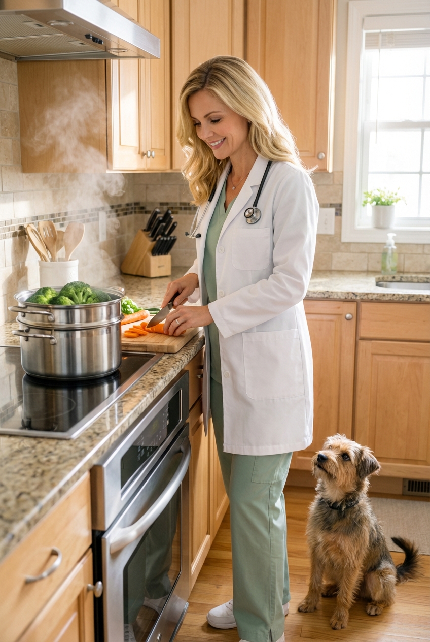 A small dog watching as a person steams broccoli and slices carrots on a kitchen counter