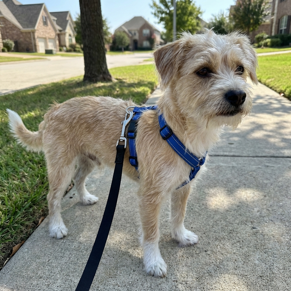 A small dog wearing a Y-shaped harness standing on a sidewalk during a walk