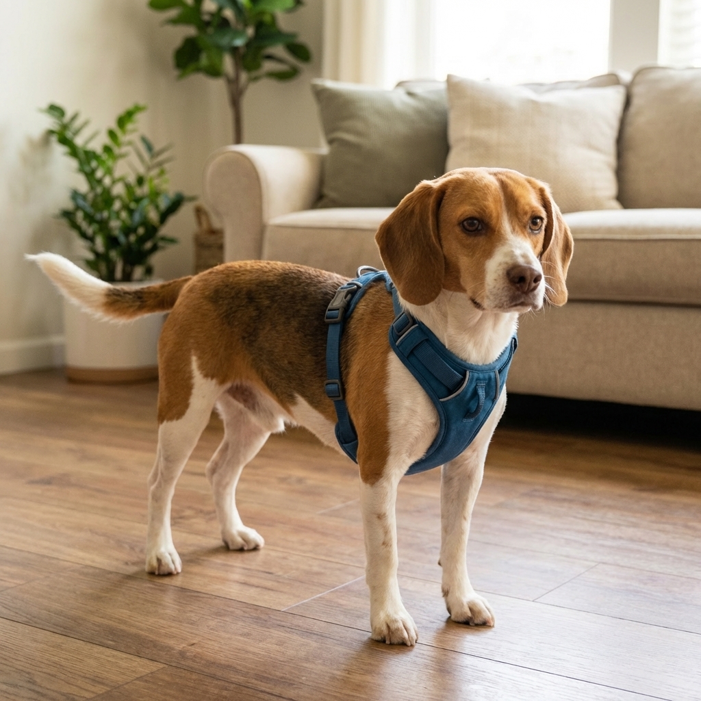 A small dog wearing a comfortable chest harness while standing indoors, showing the harness positioned away from the neck with a relaxed posture