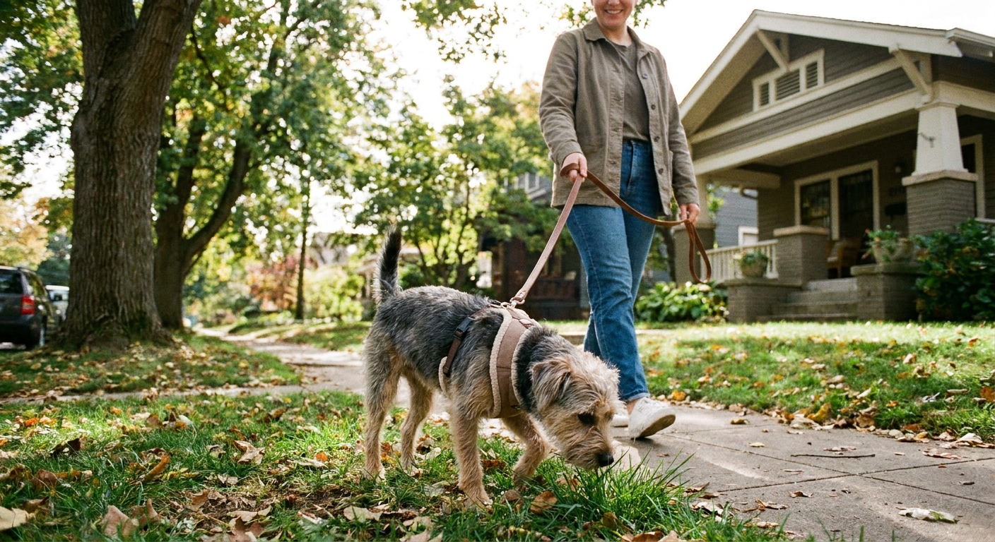 A small dog wearing a comfortable chest harness while walking calmly on a leash with its owner on a neighborhood sidewalk