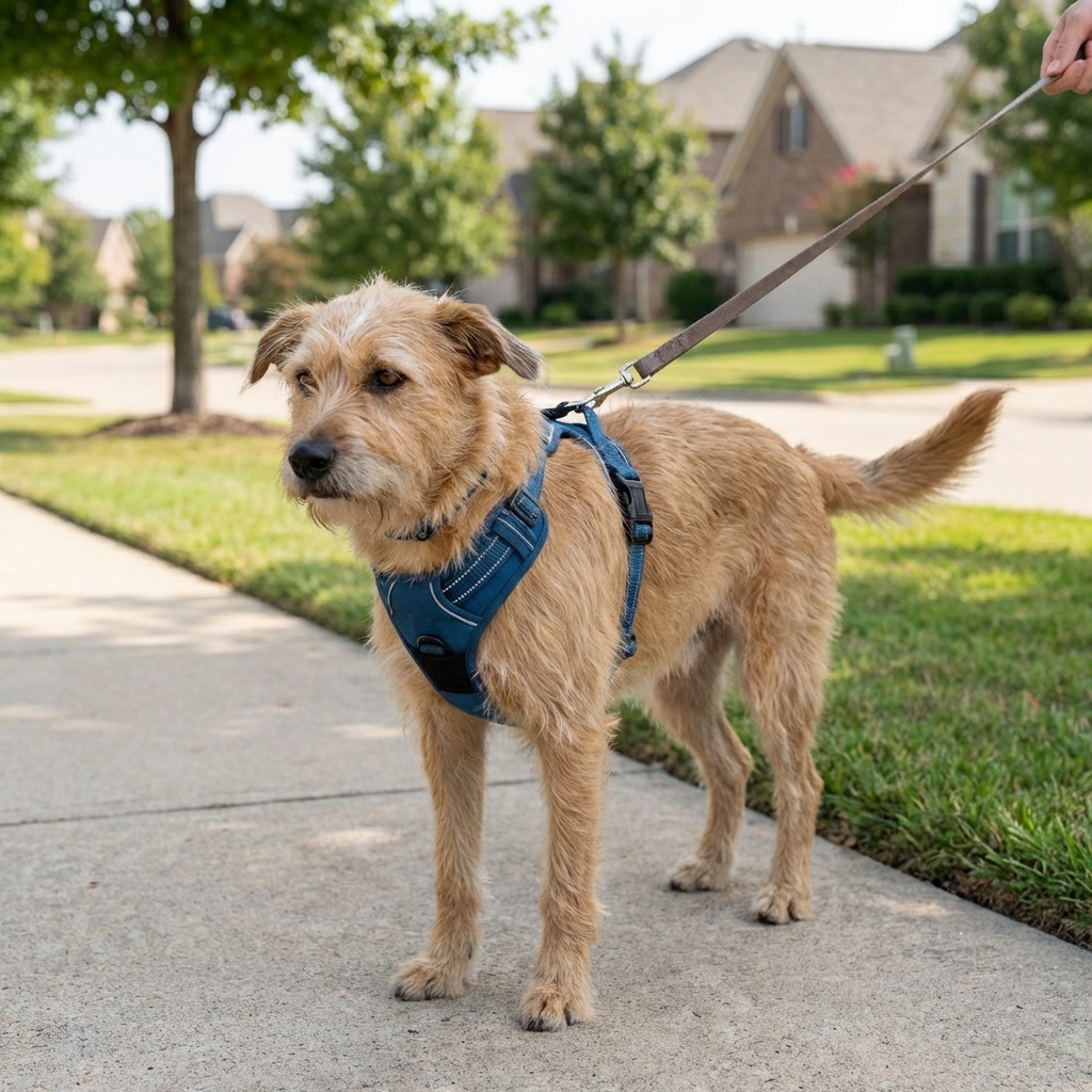 A small dog wearing a comfortable harness while walking calmly outdoors on a leash